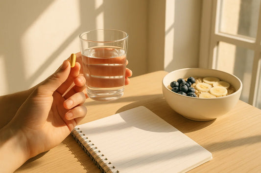 Person taking daily vitamins with water as part of a healthy consistent morning routine.
